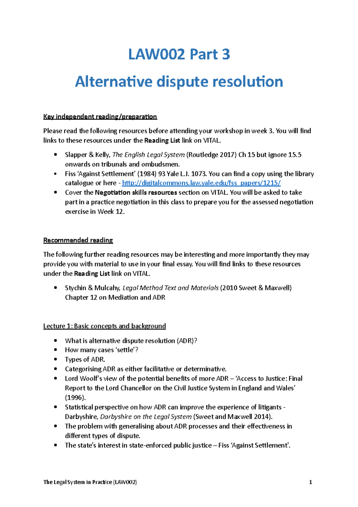 Lecture and workshop outline - alternative dispute resolution - LAW002 ...