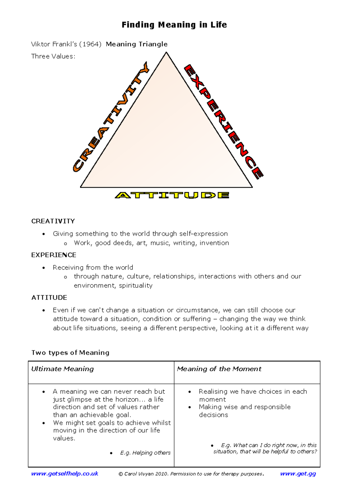 Finding Meaning in Life: Insights and Exercises Worksheet - Studocu