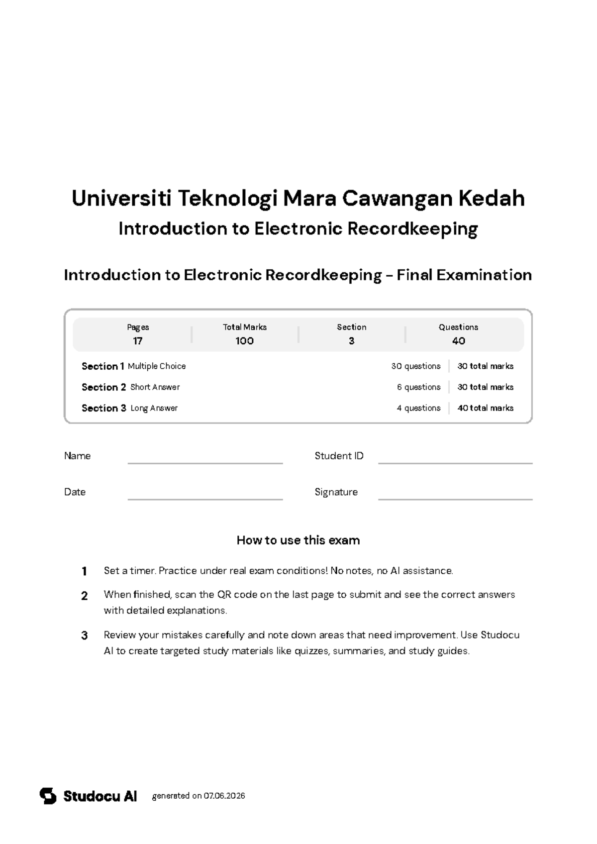 IMD262 - Introduction to Electronic Recordkeeping Final Exam - Studocu