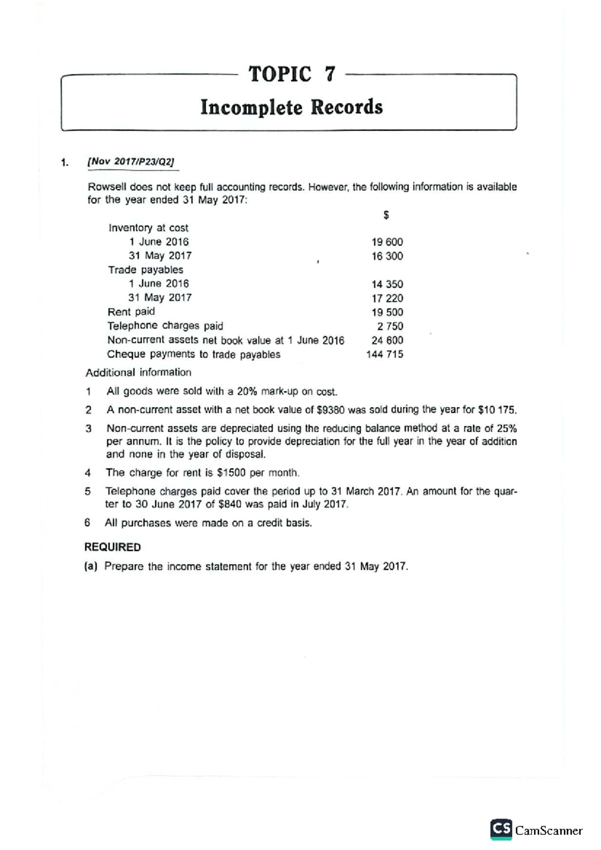 Paper 2 AS Accounting P2: Incomplete Records Analysis and Financial ...