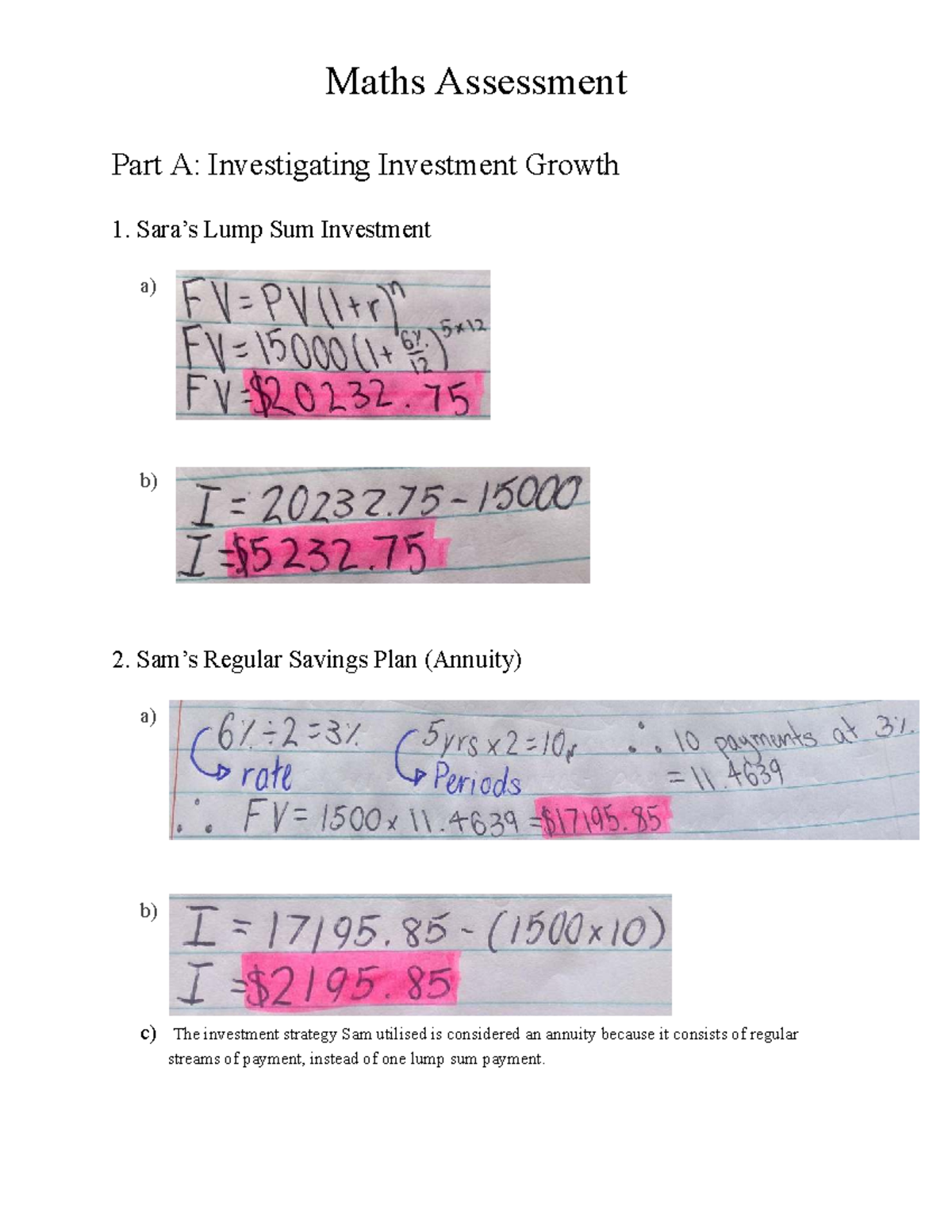 Maths Assessment: Investment Growth & Car Purchase Strategies - Studocu