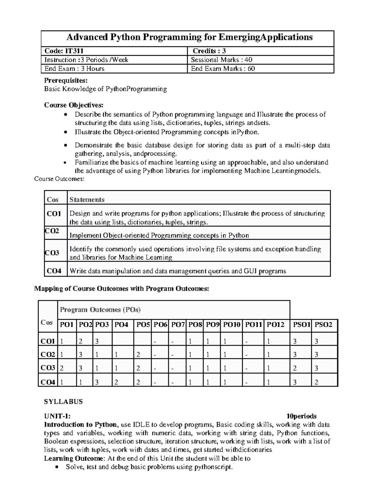 IT311 - Advanced Python Programming Syllabus for Emerging Apps - Studocu