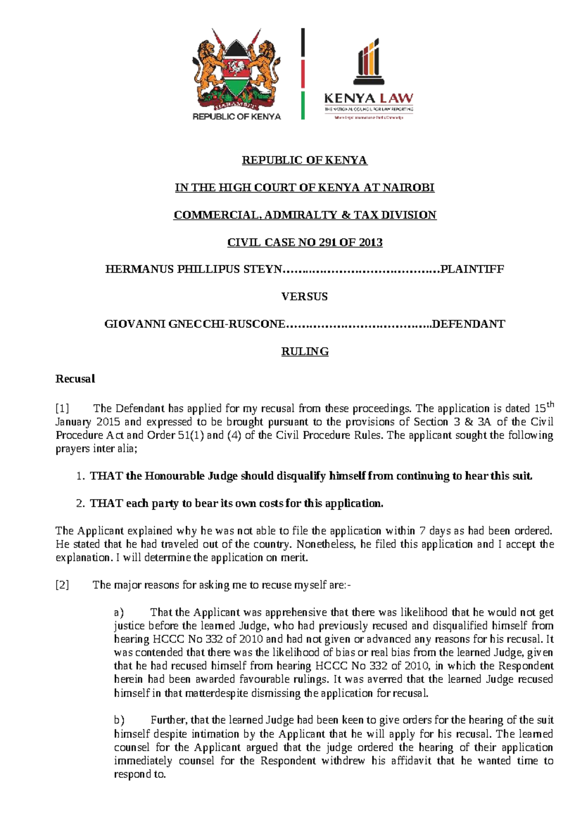 Hermanus Phillipus v Giovanni Gnecchi Ruscone: Ruling on Recusal (Civil ...