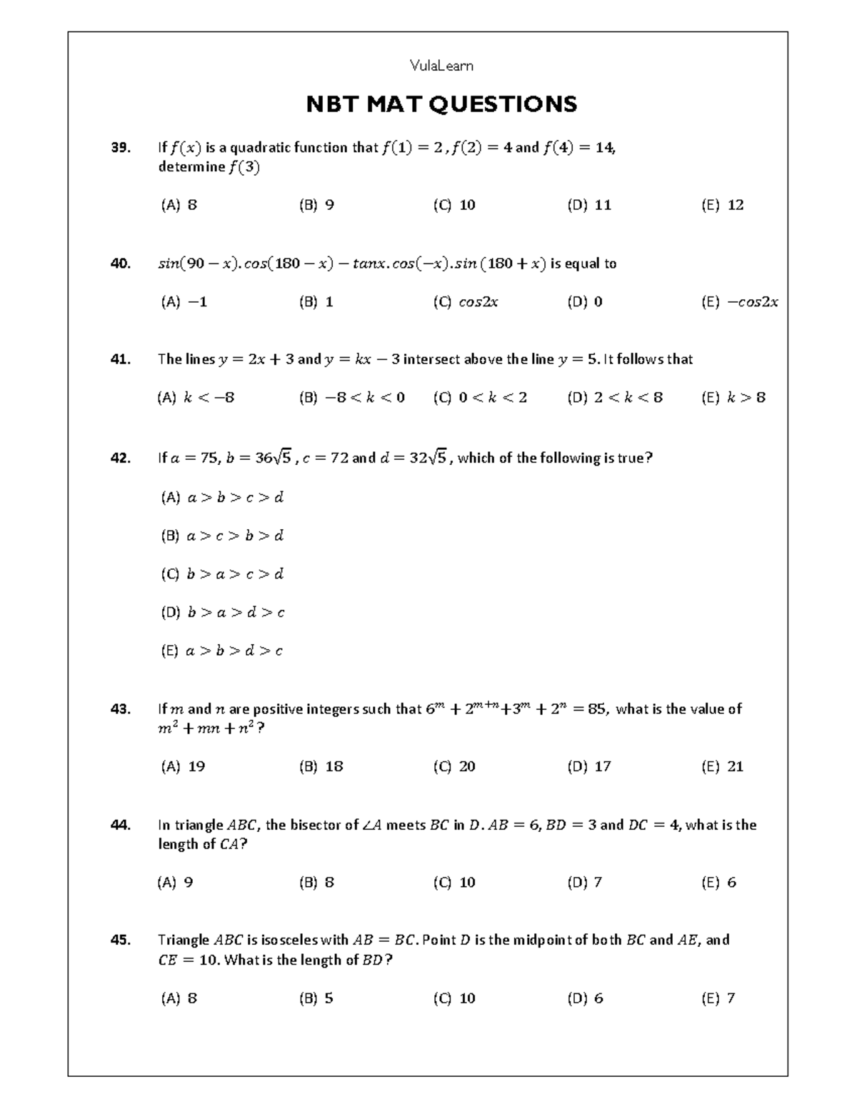 VulaLearn NBT MAT Exam 3 Questions and Solutions - Studocu