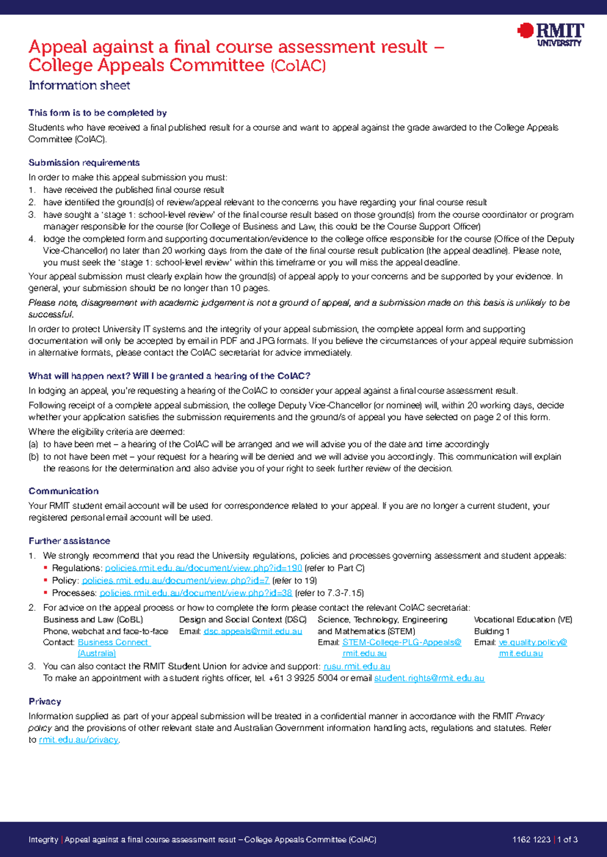 Appeal Form 1027: Final Course Assessment Result - ColAC Guide - Studocu