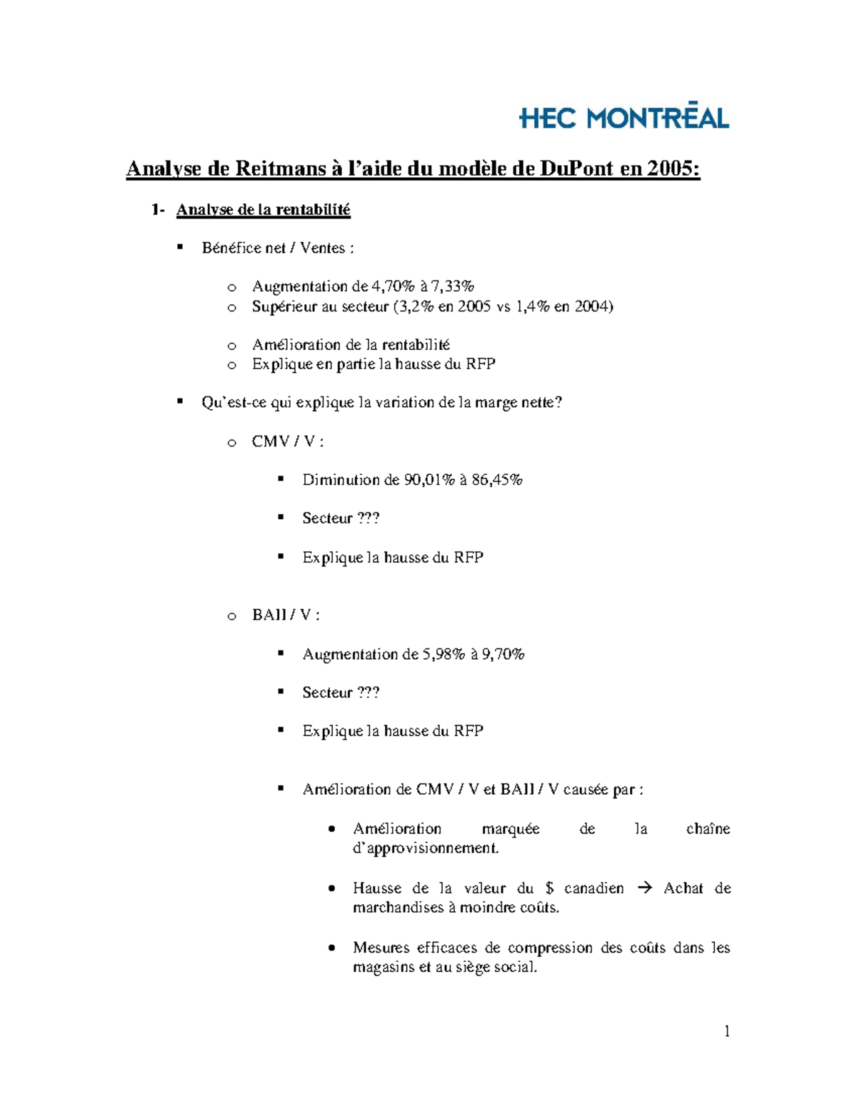 Reitmans Du Pont - Solution - Analyse de Reitmans à l’aide du modèle de ...