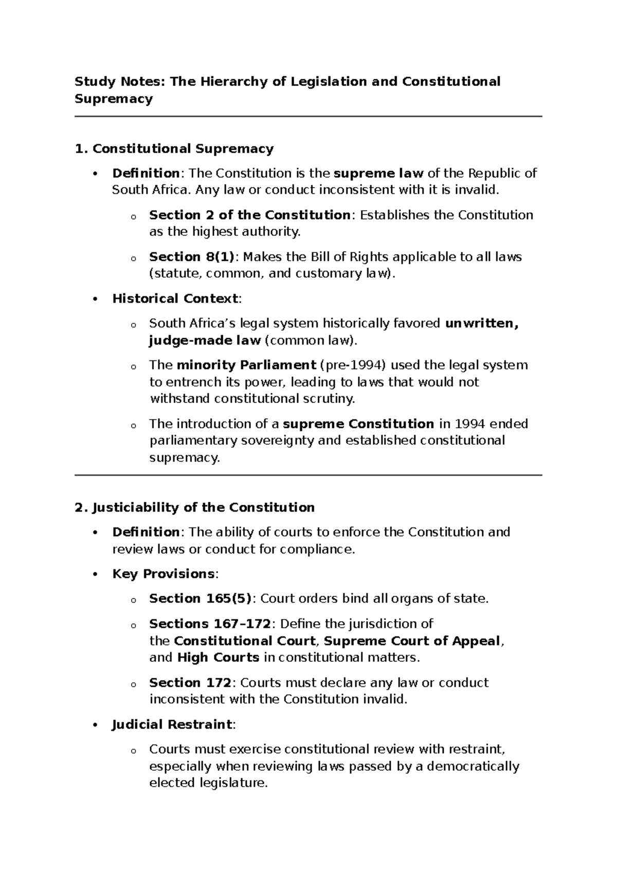 Study Notes: Hierarchy of Legislation & Constitutional Supremacy - Studocu