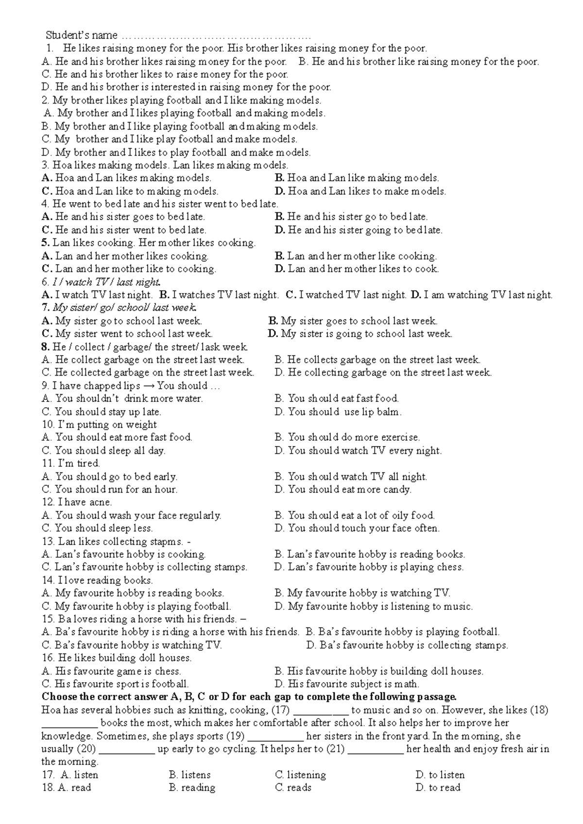 English 7 Quiz: Grammar and Hobbies Practice - 4 October - Studocu
