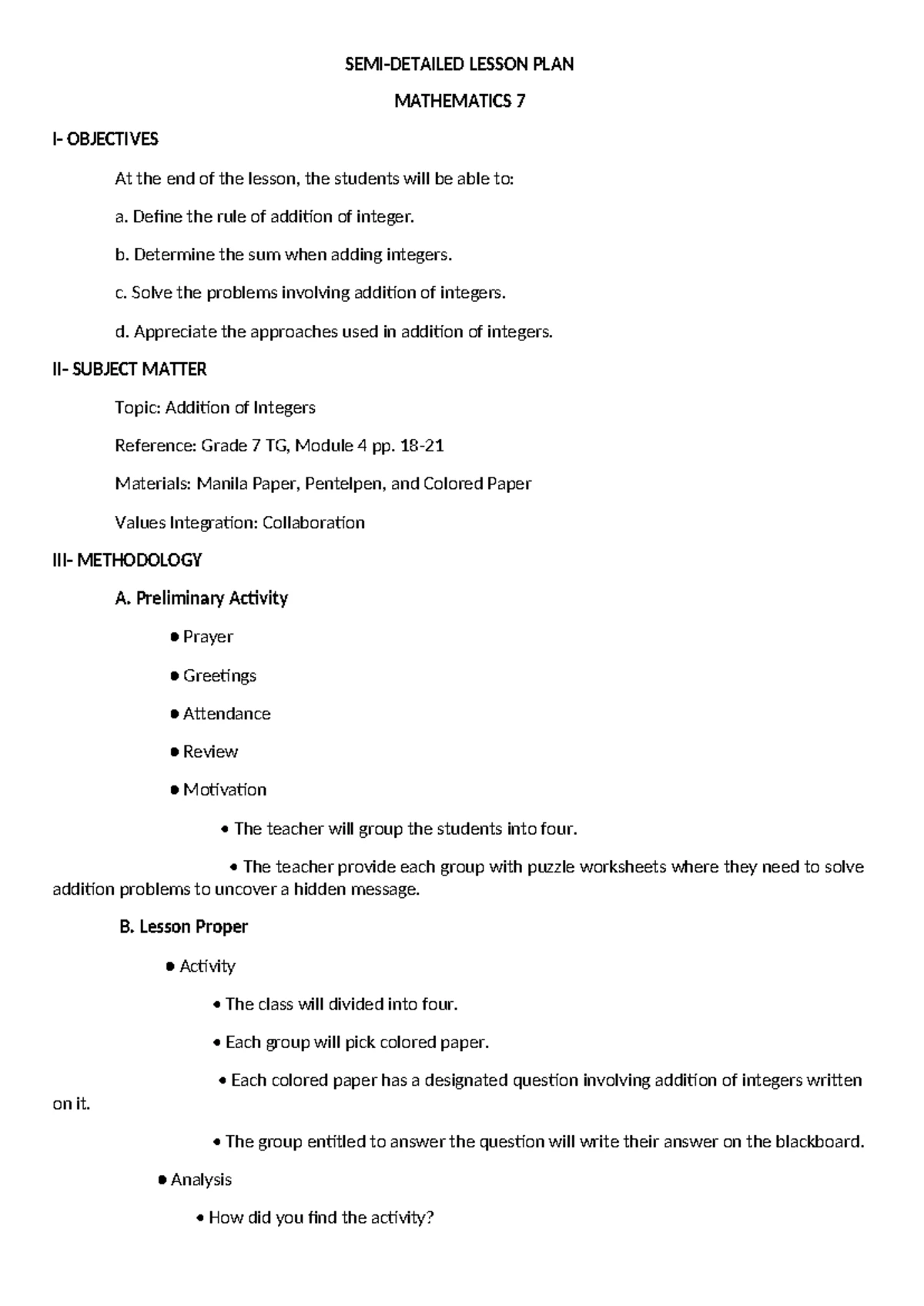 Table of Specification: Addition of Integers (Grade 7) - Studocu