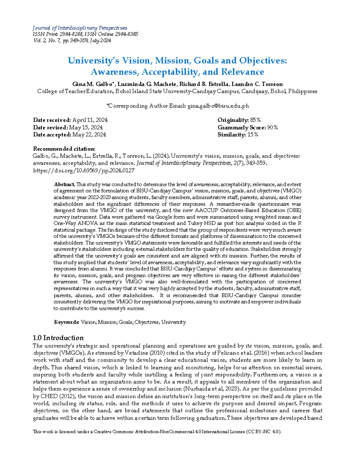 BISU CTE 2024: Awareness and Acceptability of VMGO Among Stakeholders ...