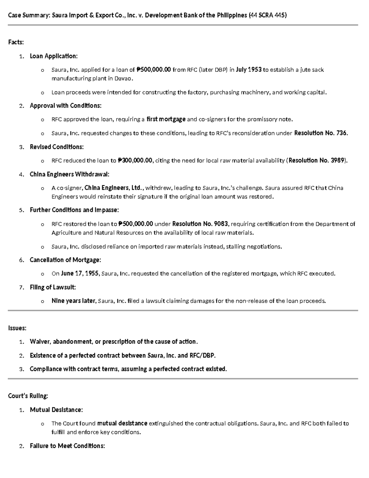 Case Summary: Saura Import & Export Co., Inc. v. DBP (44 SCRA 445 ...
