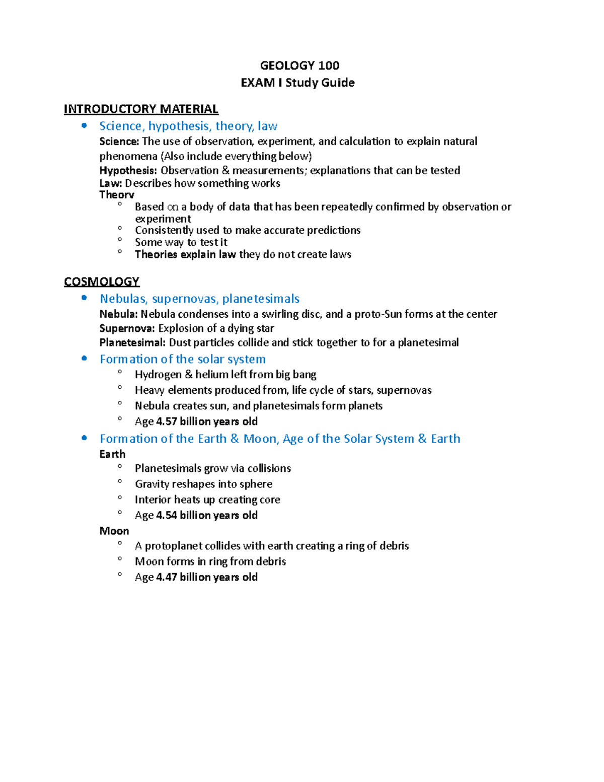 Geology 100 EXAM I Comprehensive Study Guide for Introductory Concepts ...