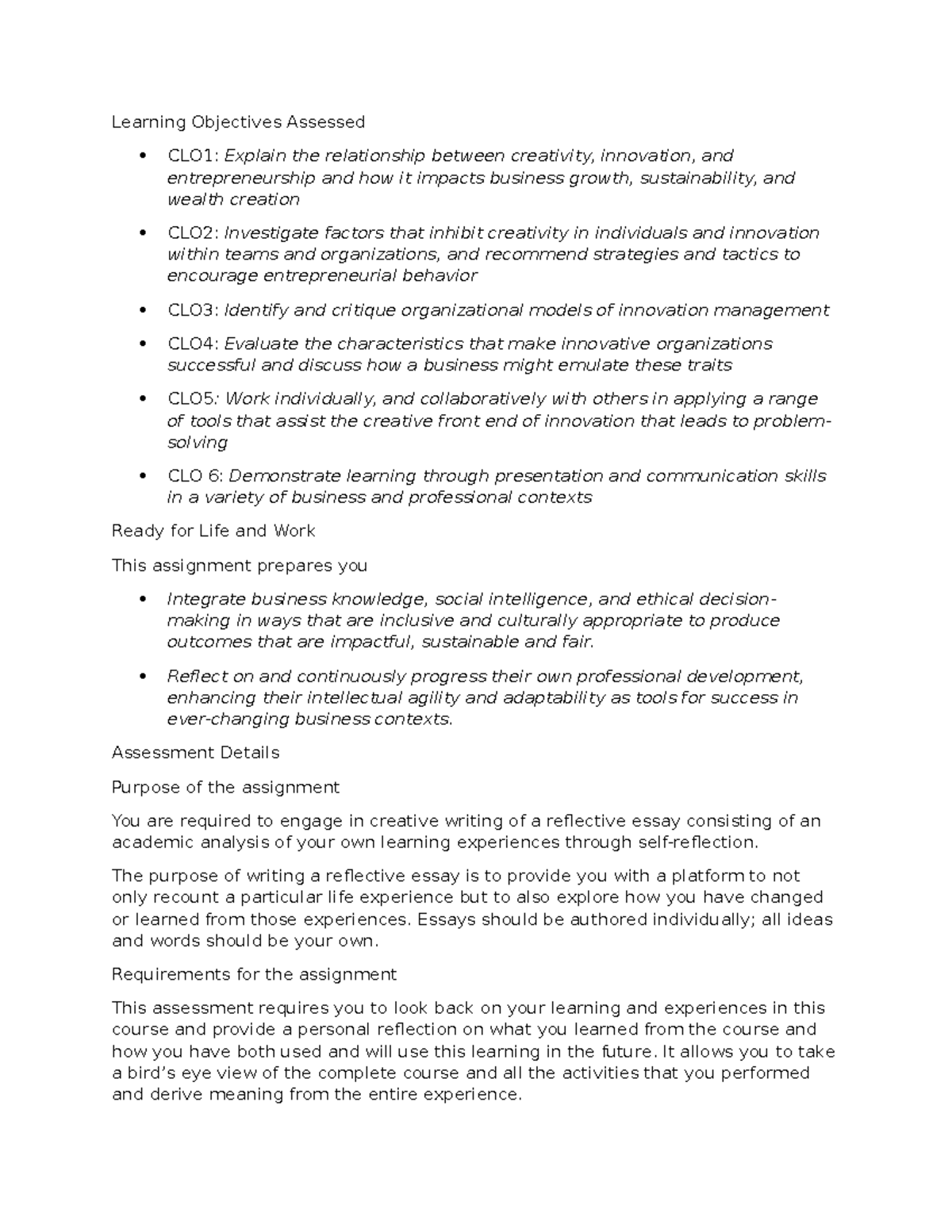 ASM Reflective Essay on Creativity and Innovation in Business - Studocu