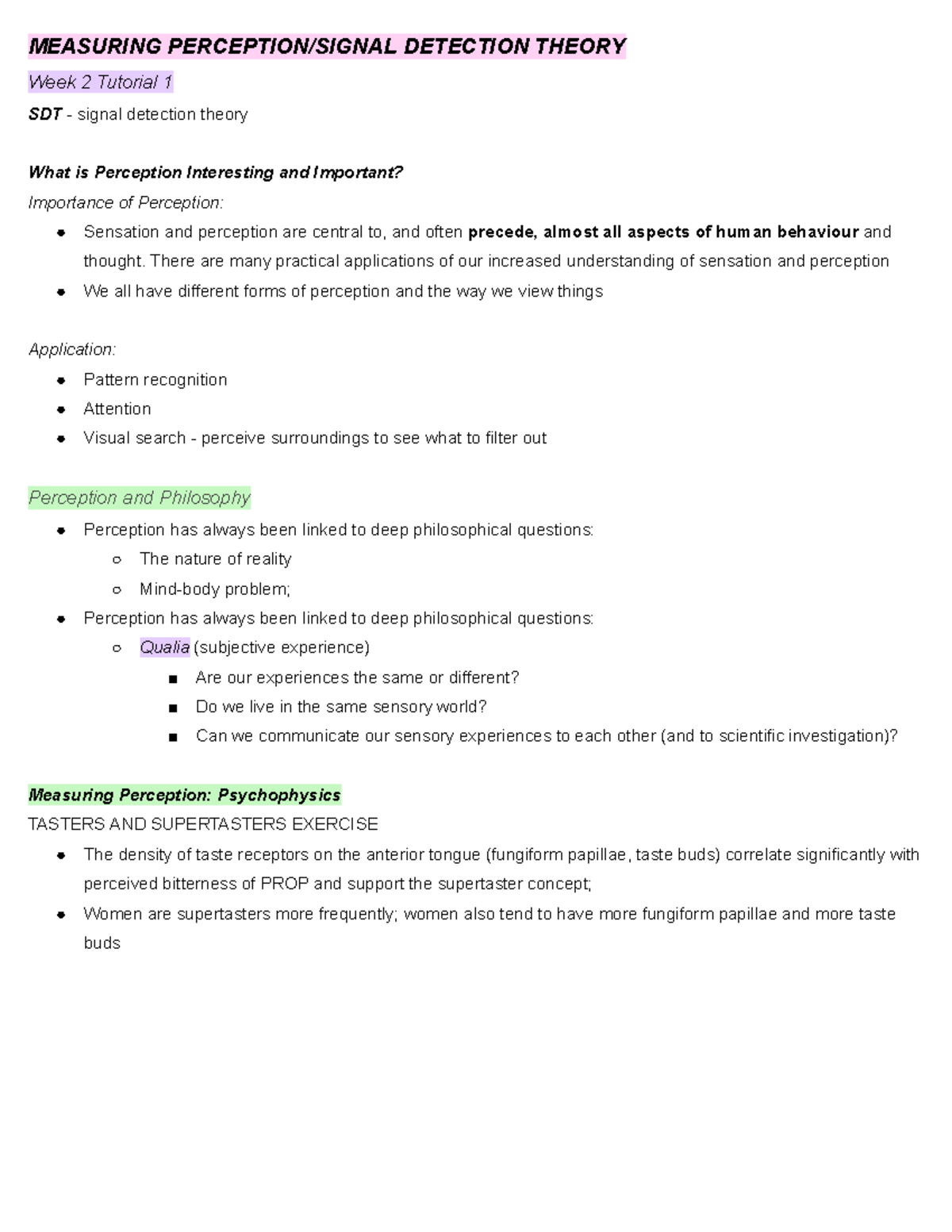 PSYC2071 Week 2 & 3 Tutorial Notes on Perception & Detection Theory ...
