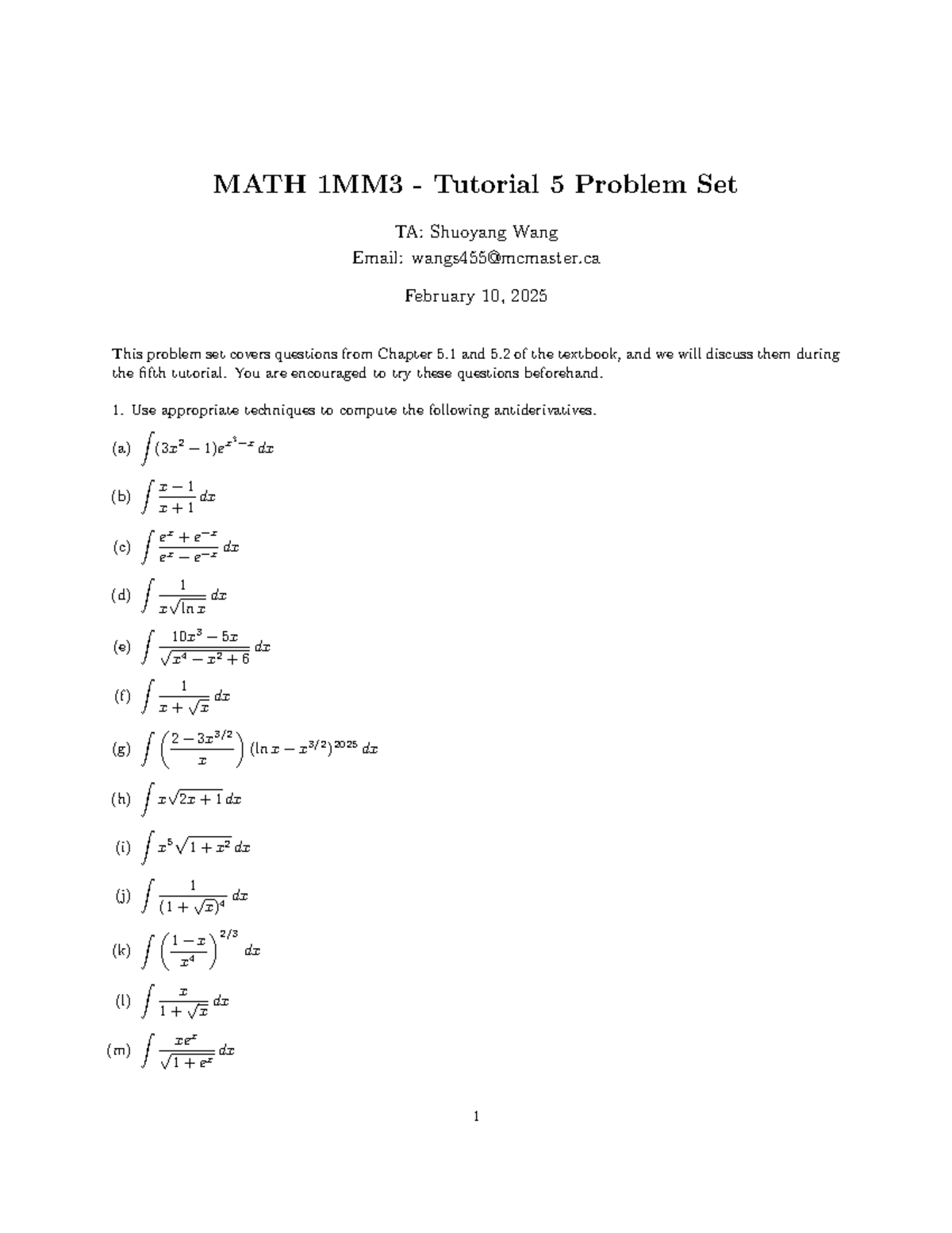 Tutorial 5 Problem Set - MATH 1MM3 - Tutorial 5 Problem Set TA ...