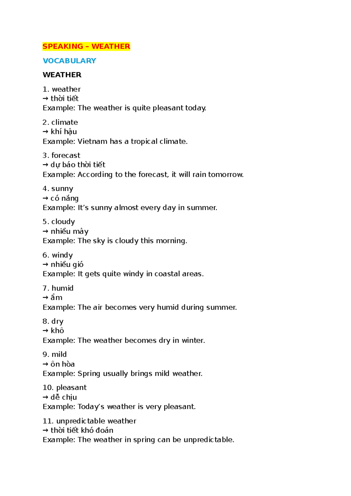 SPEAKING WEATHER VOCABULARY - Lesson 4: Weather Terms & Examples - Studocu
