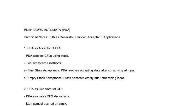 PDA Combined Notes: Generator, Decider, Acceptor Applications - Studocu