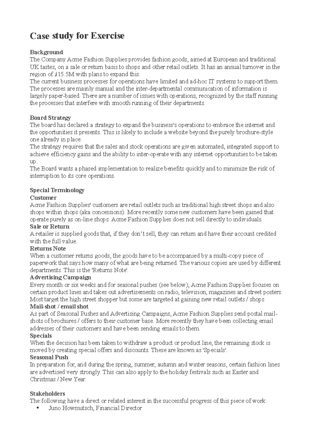 BA Case Study on Acme Fashion Supplies' Operational Strategy - Studocu