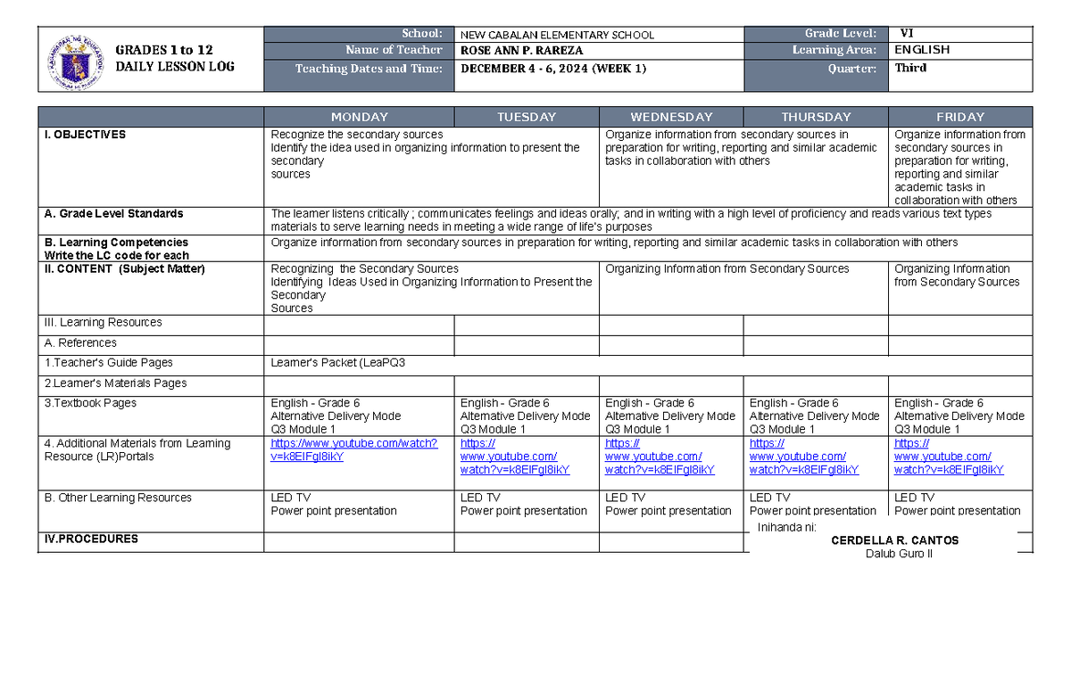 DLL English 6 Q3 W1 - GRADES 1 to 12 DAILY LESSON LOG School: NEW ...