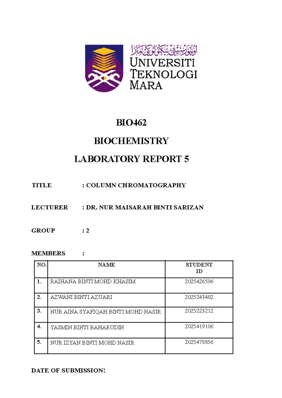 BIO462 Biochemistry Lab Report 5: Column Chromatography Analysis - Studocu