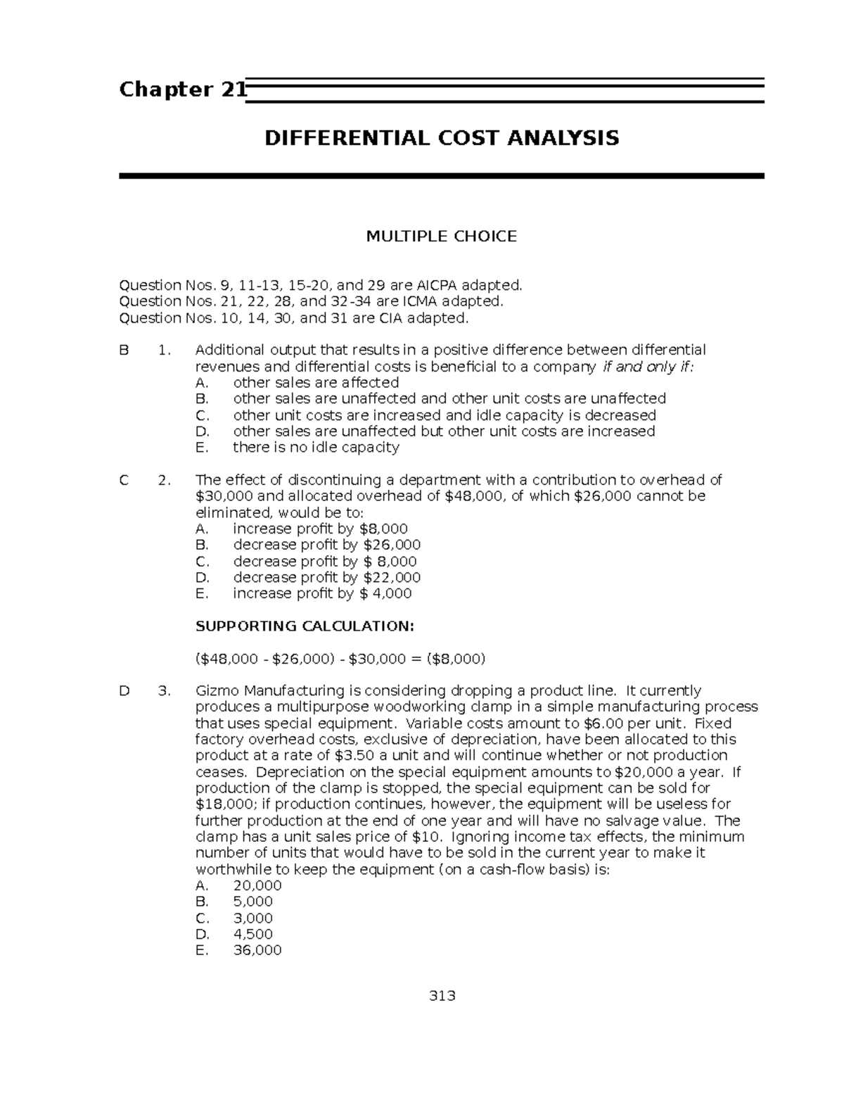 Ch21 - Differential Cost Analysis Practice Questions - Studocu