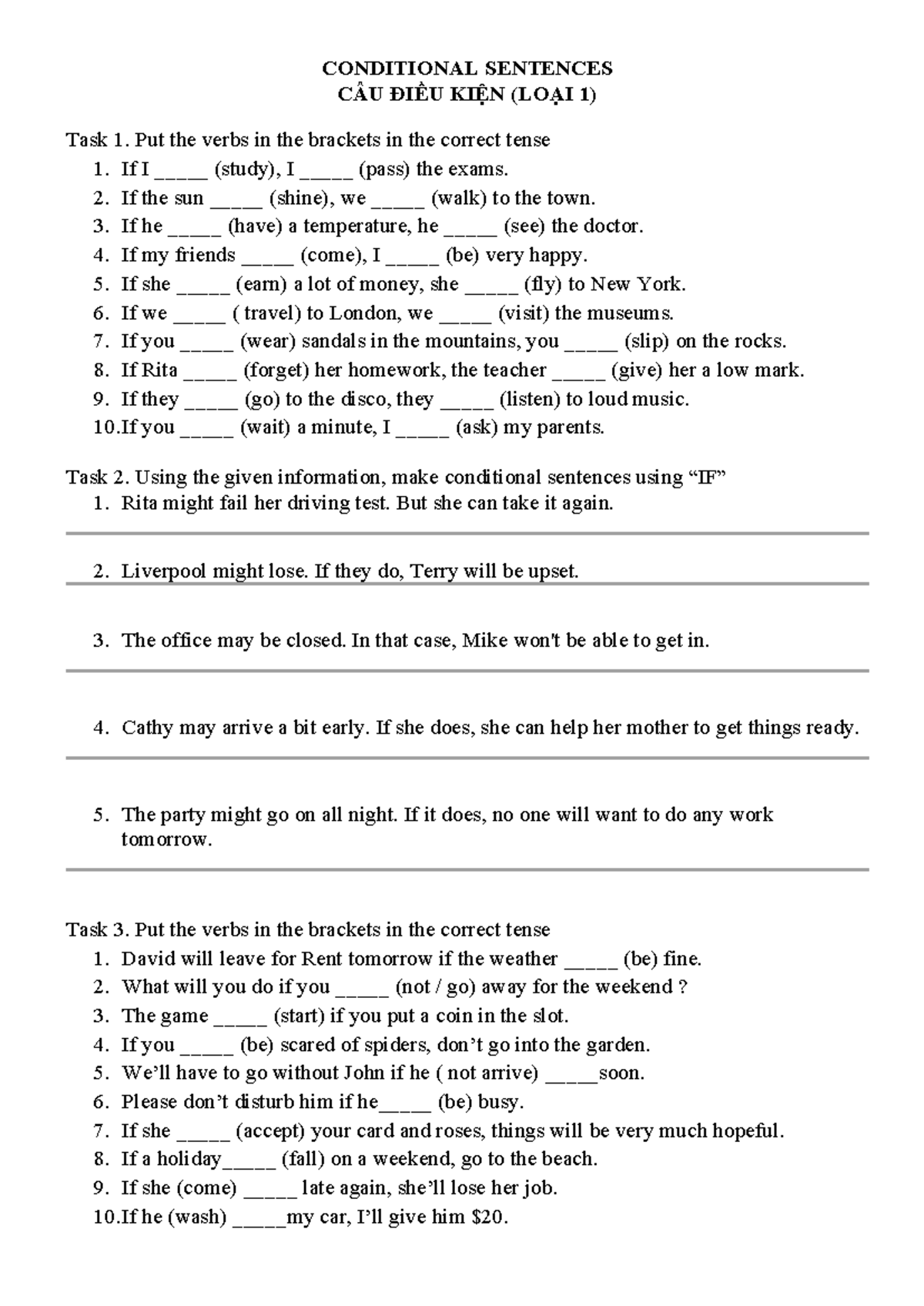 Conditional Sentences LOẠI 1 Exercises and Practice Tasks - Studocu