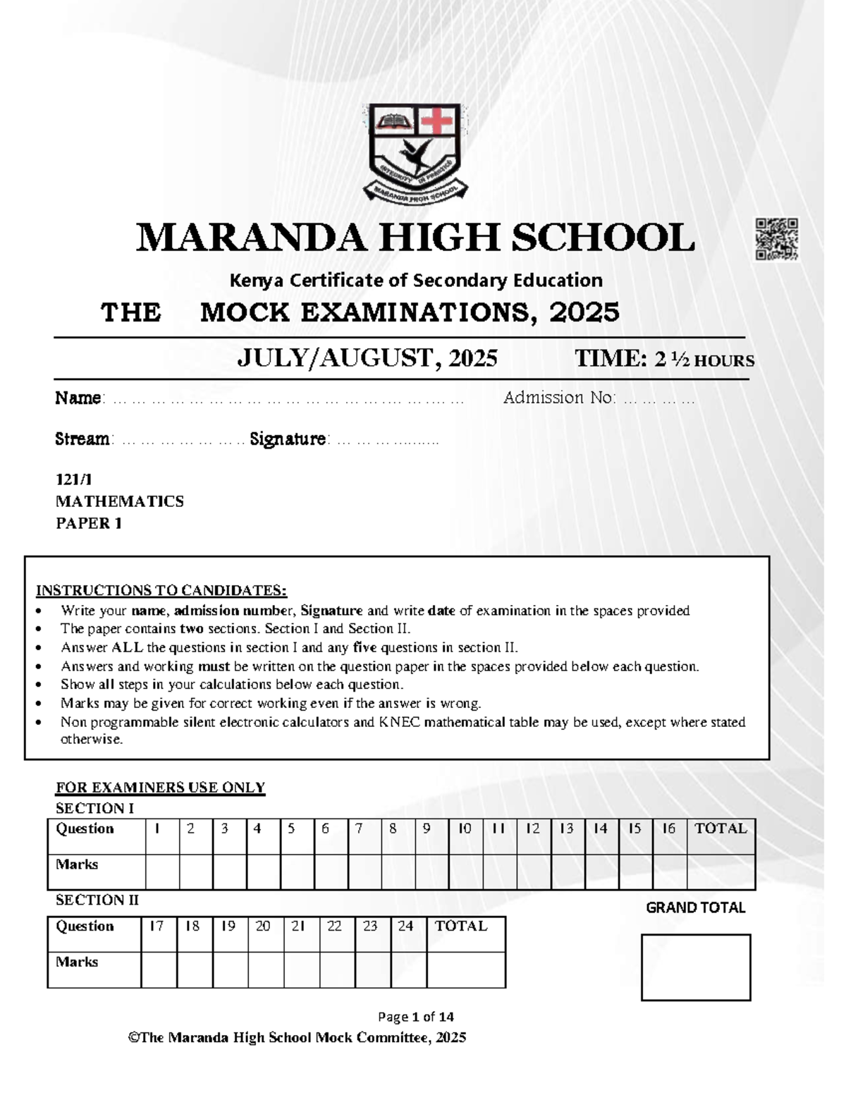 Maranda High School Mathematics Mock Exam 2025 - Studocu
