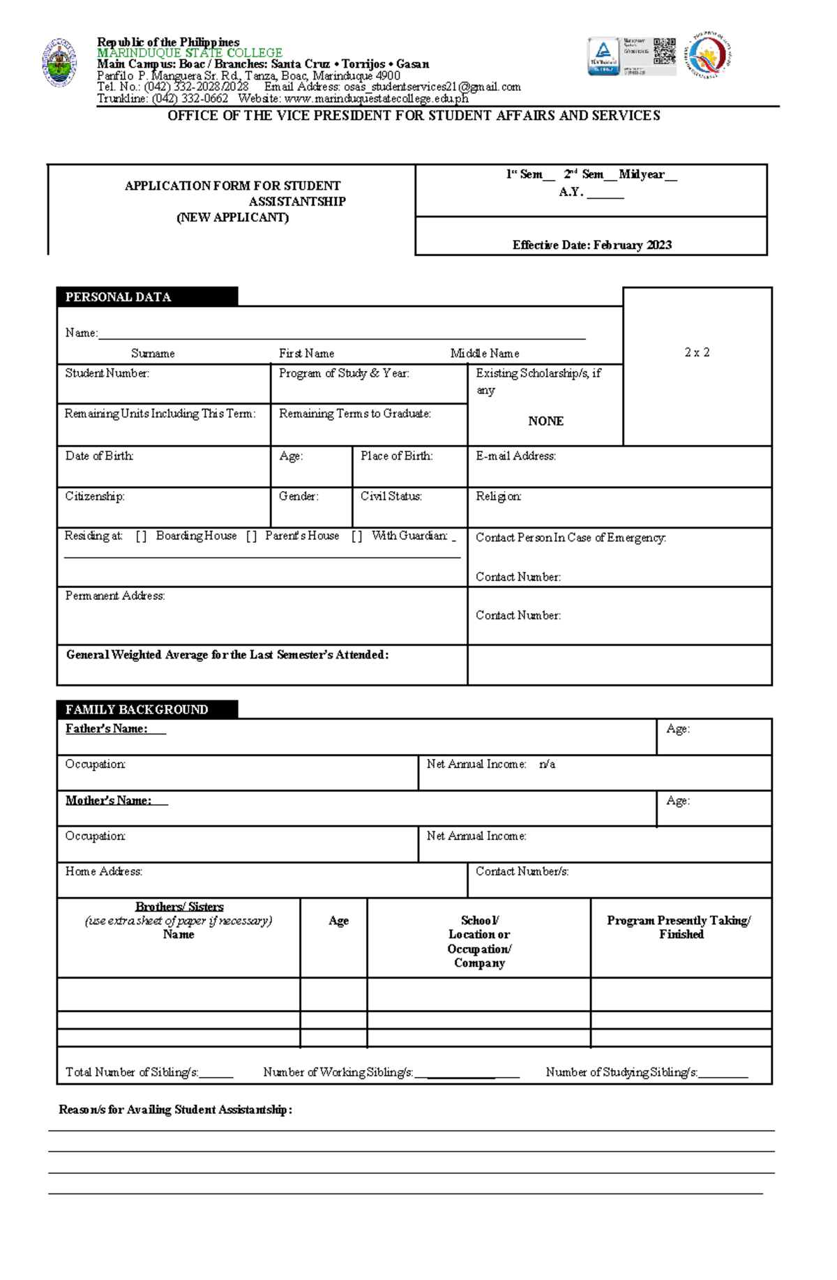 SA - Application Form for Student Assistantship - Physical Assessment ...
