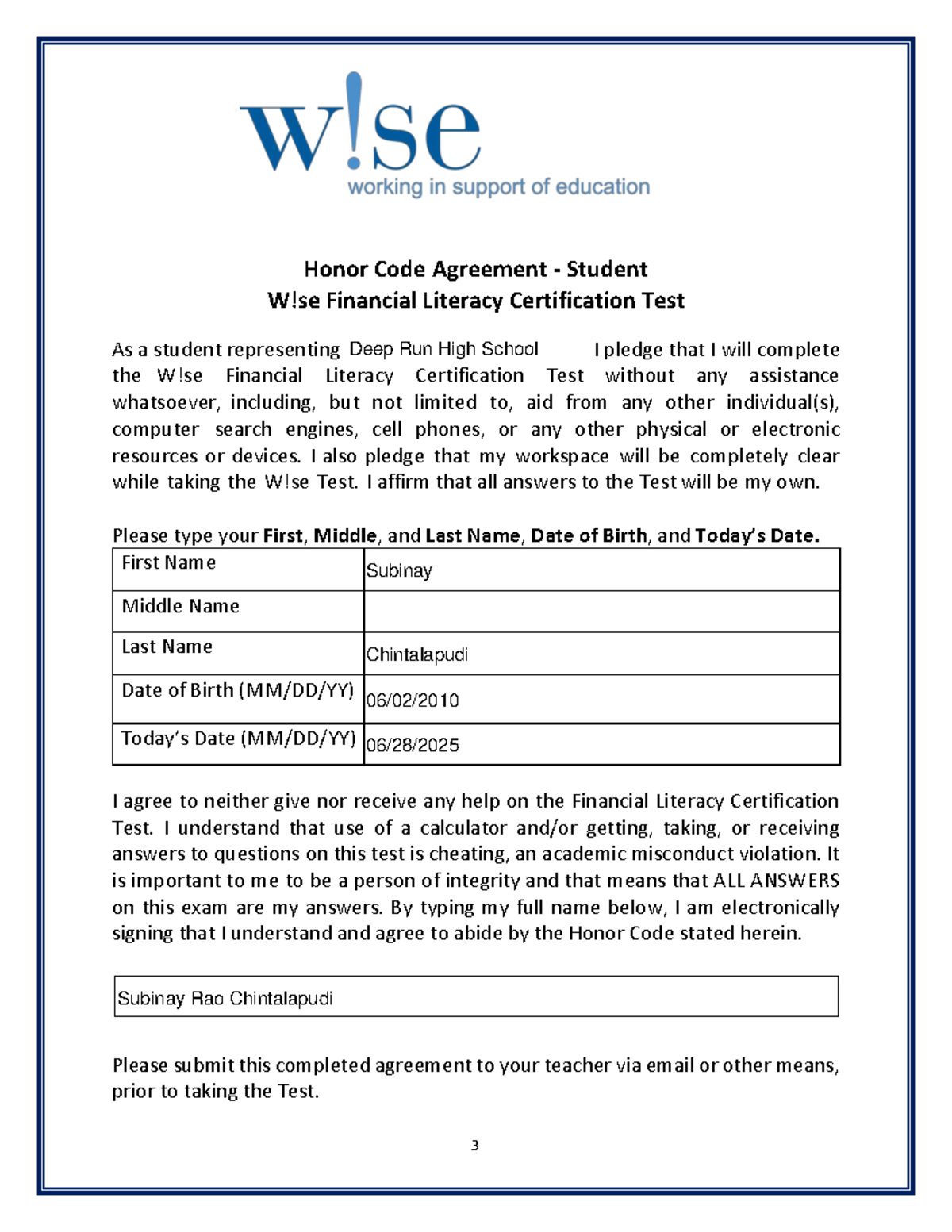 Honor Code Agreement for W!se Financial Literacy Test - Studocu