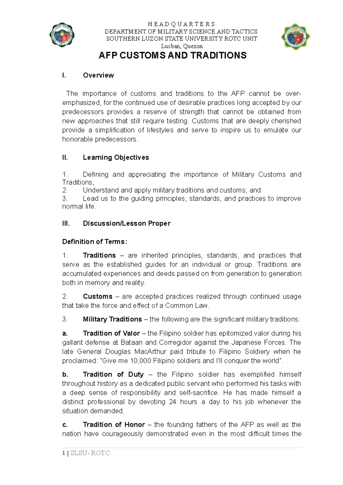 AFP Customs and Traditions - 1st Sem Notes for 2022-2023 - Studocu