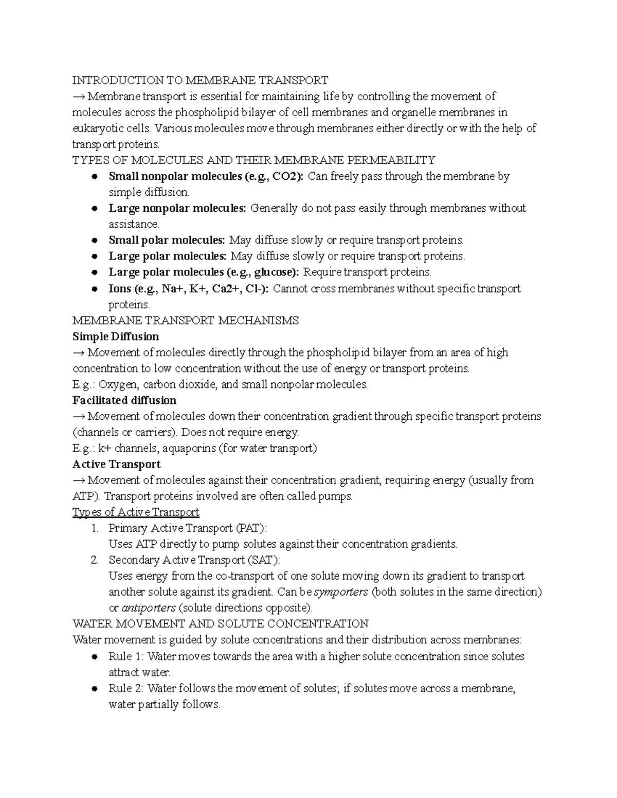BIO 113 Lecture 4 Notes: Introduction to Membrane Transport - Studocu