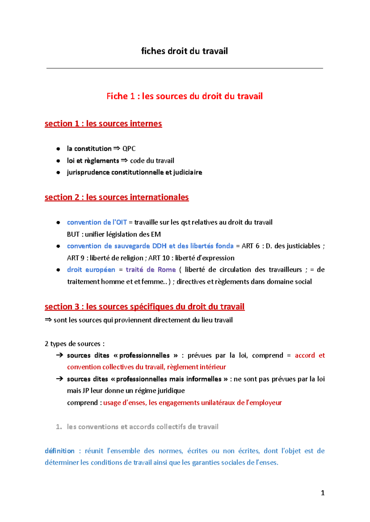Fiches Droit du Travail - Sources et Contrats (Fiche 1 à 5) - Studocu