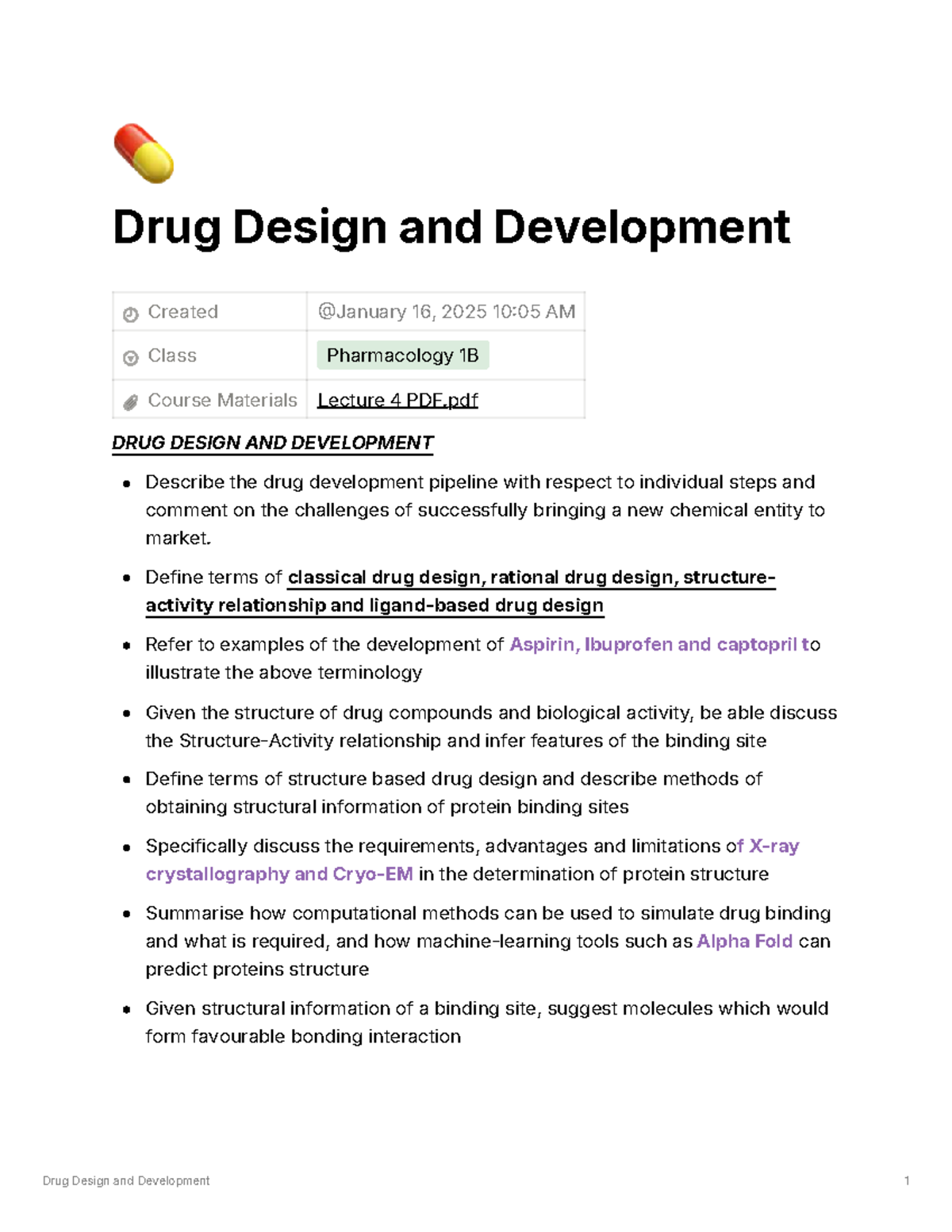2729095 Pharmacology 1B: Drug Design & Development Lecture Notes - Studocu