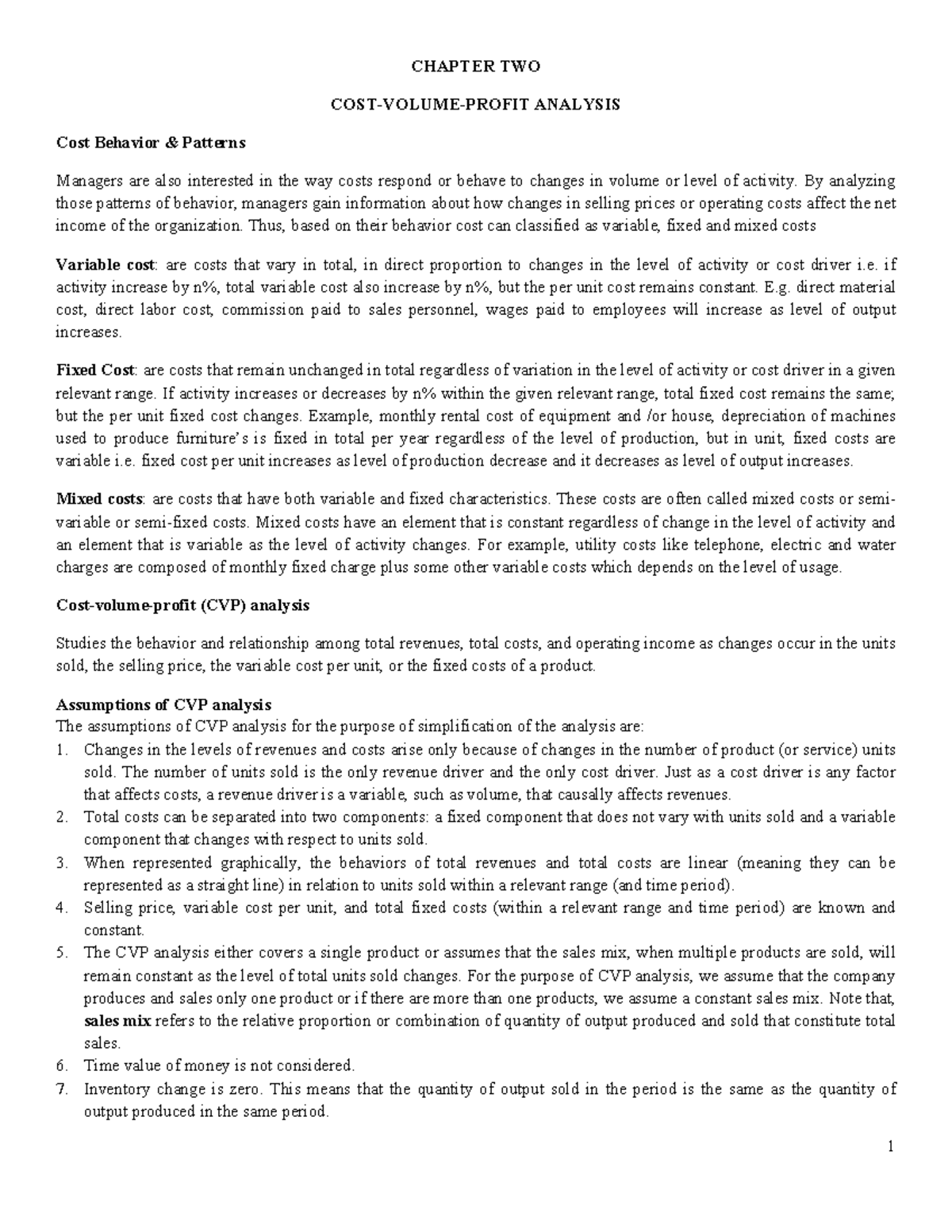 CHAPTER 2 ANALYSIS: Cost Behavior Patterns in CVP Analysis - Studocu