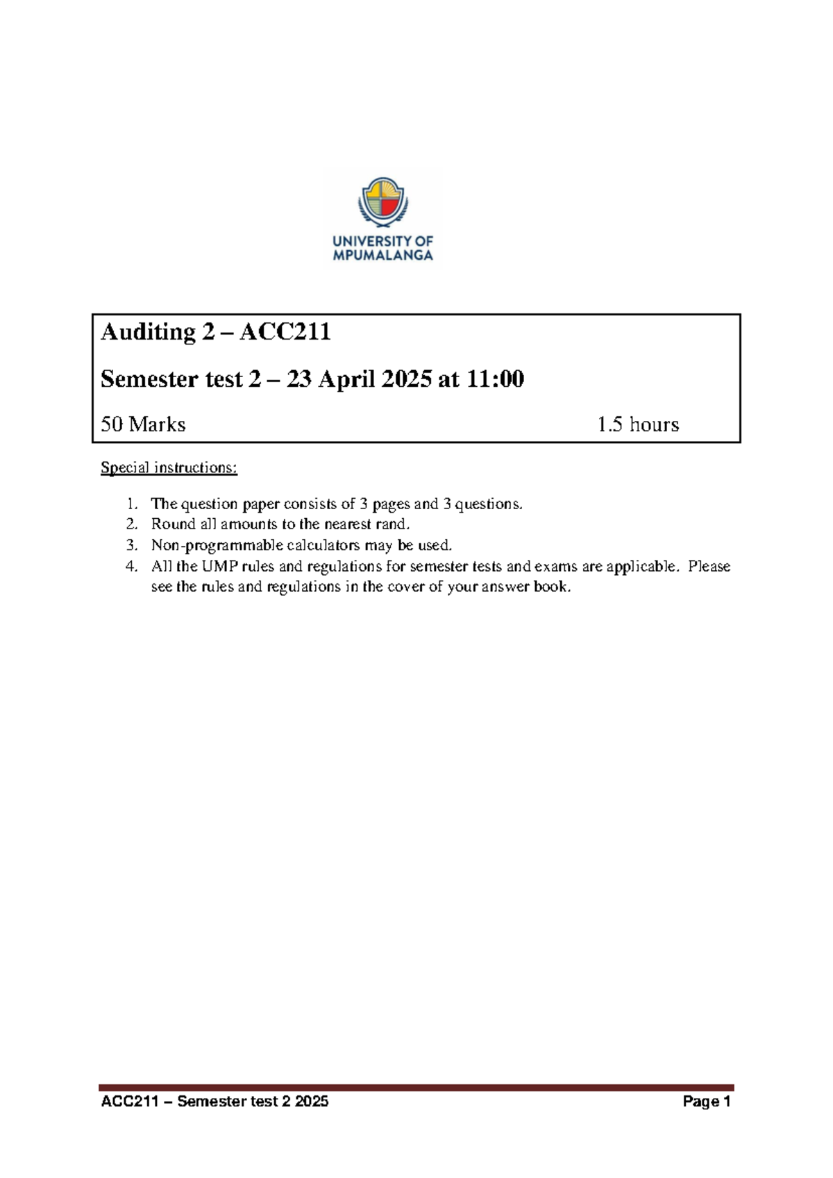 ACC211 - Auditing 2 Semester Test 2 Questions & Instructions (2025 ...