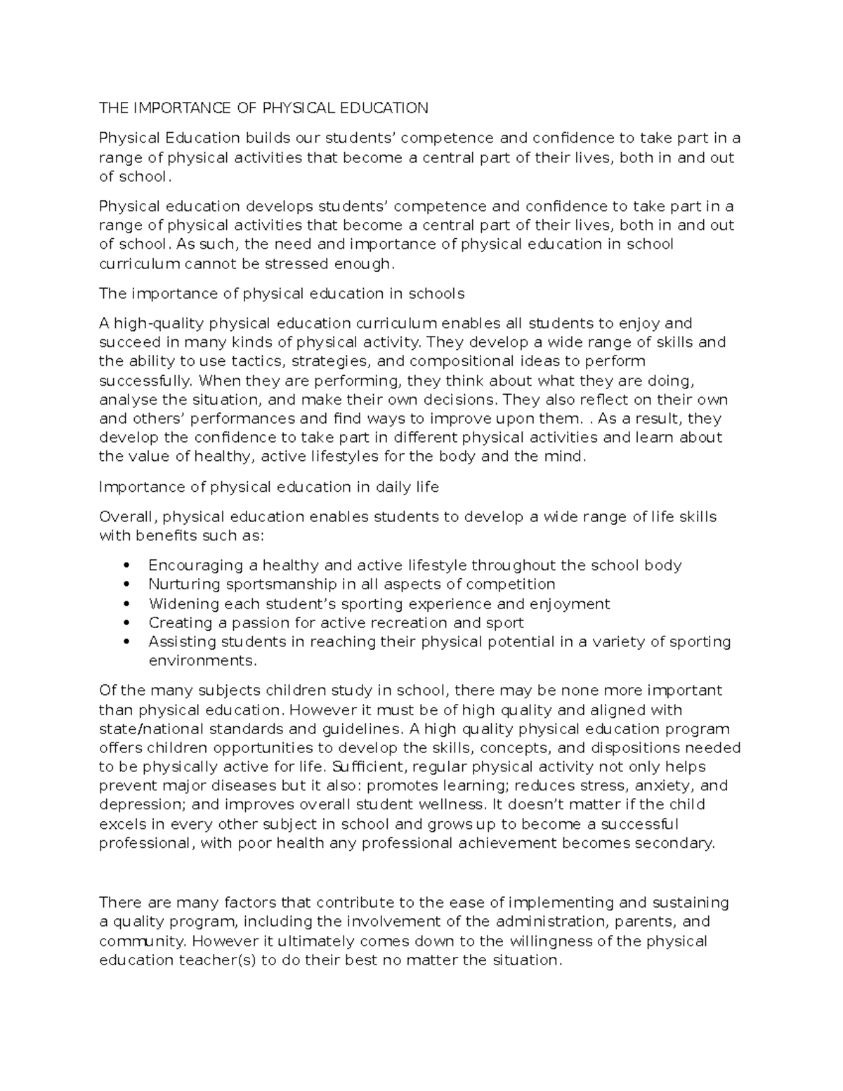 The Significance of Physical Education in Daily Life: A Comprehensive ...