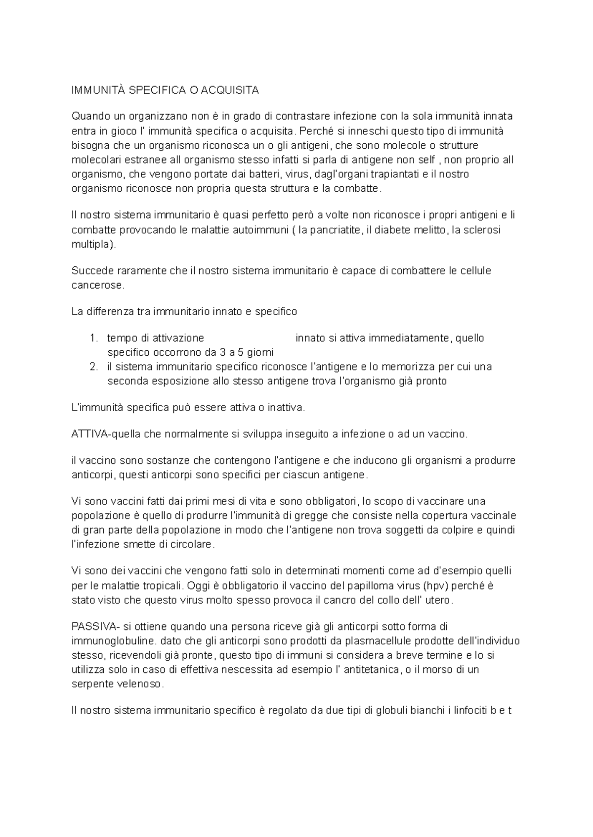 IMMUNITÀ SPECIFICA E ACQUISITA: FUNZIONI E DISTURBI - Studocu