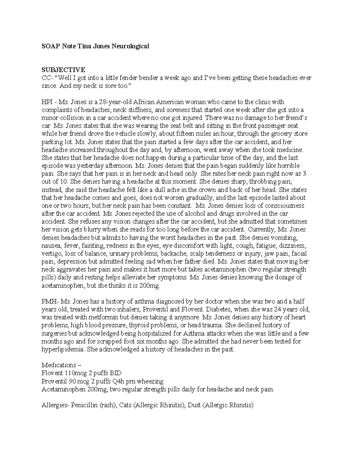 SOAP Note: Neurological Assessment of Tina Jones Post-MVA - Studocu