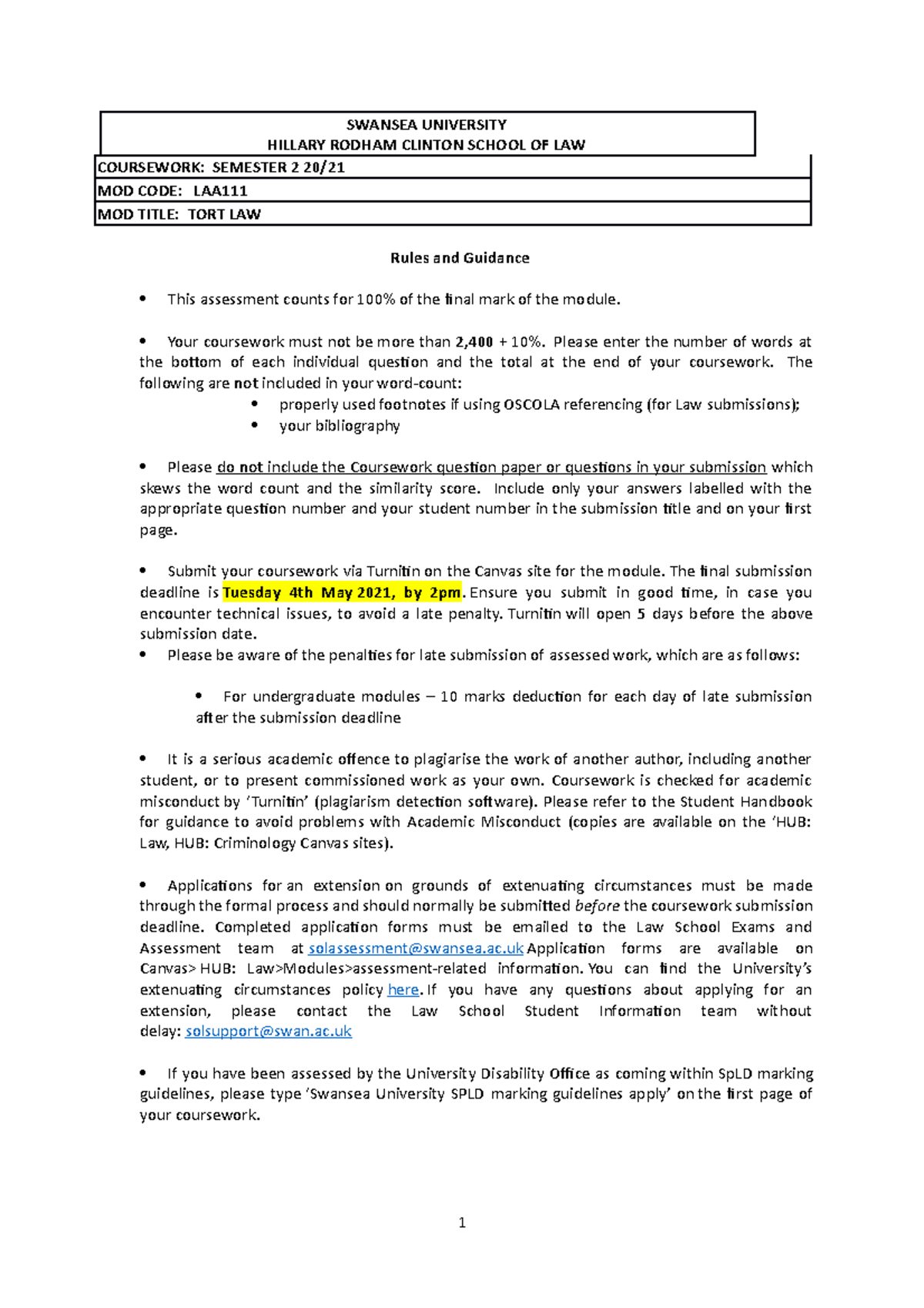 Tort Law Coursework Guidance (LAA) for Semester 2 Assessments - Studocu