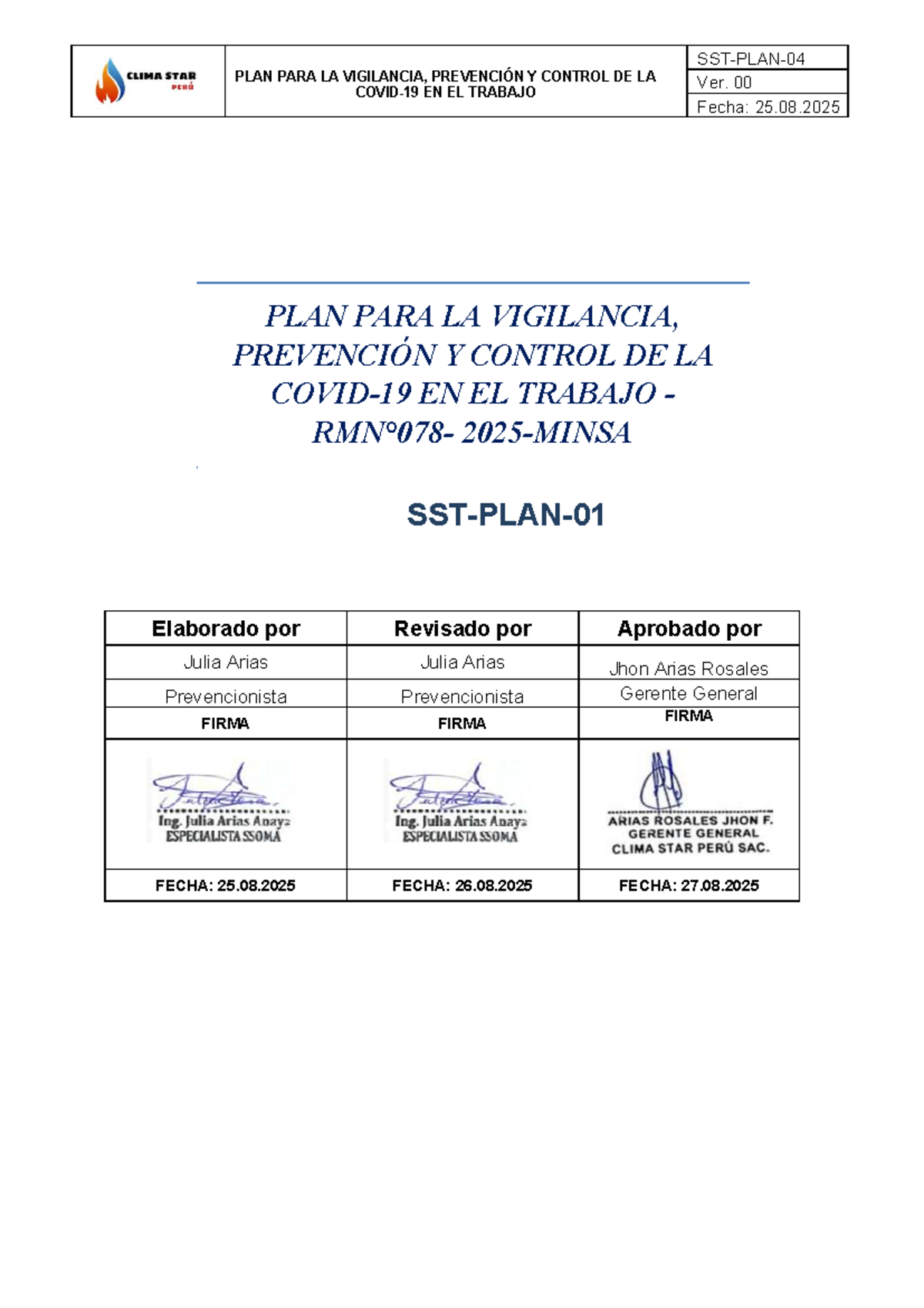 PLAN PARA LA VIGILANCIA Y CONTROL DE COVID-19 EN CLIMA STAR - Document Preview
