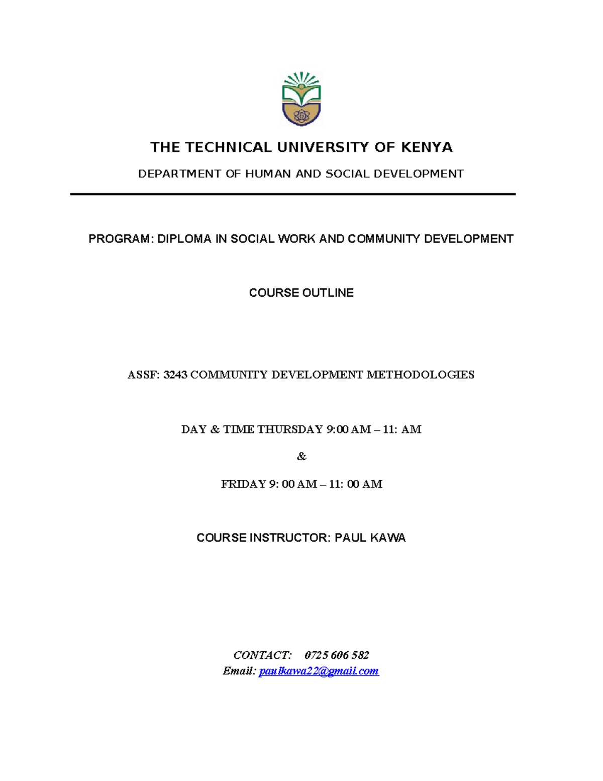 ASSF 3243 Community Development Methodologies Course Outline Final ...