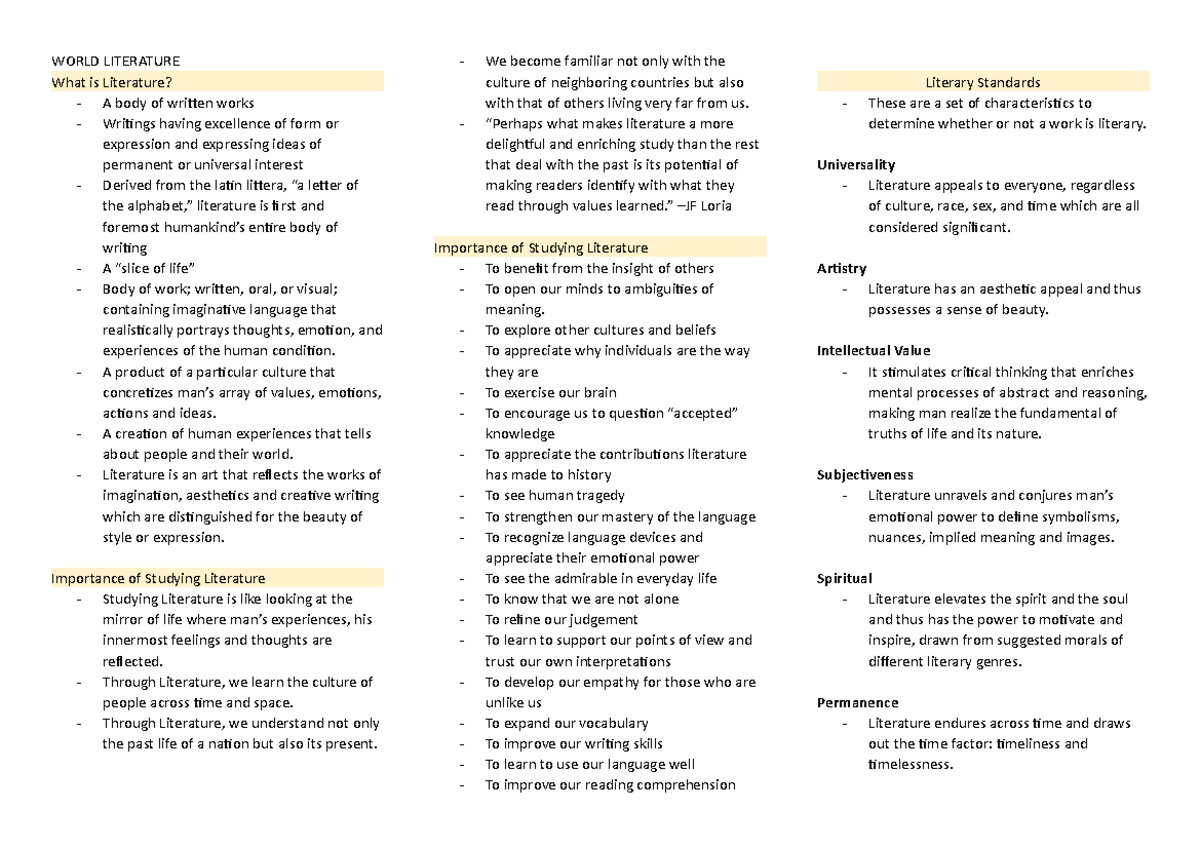 World Literature Prelim Reviewer - Contemporary World - Studocu