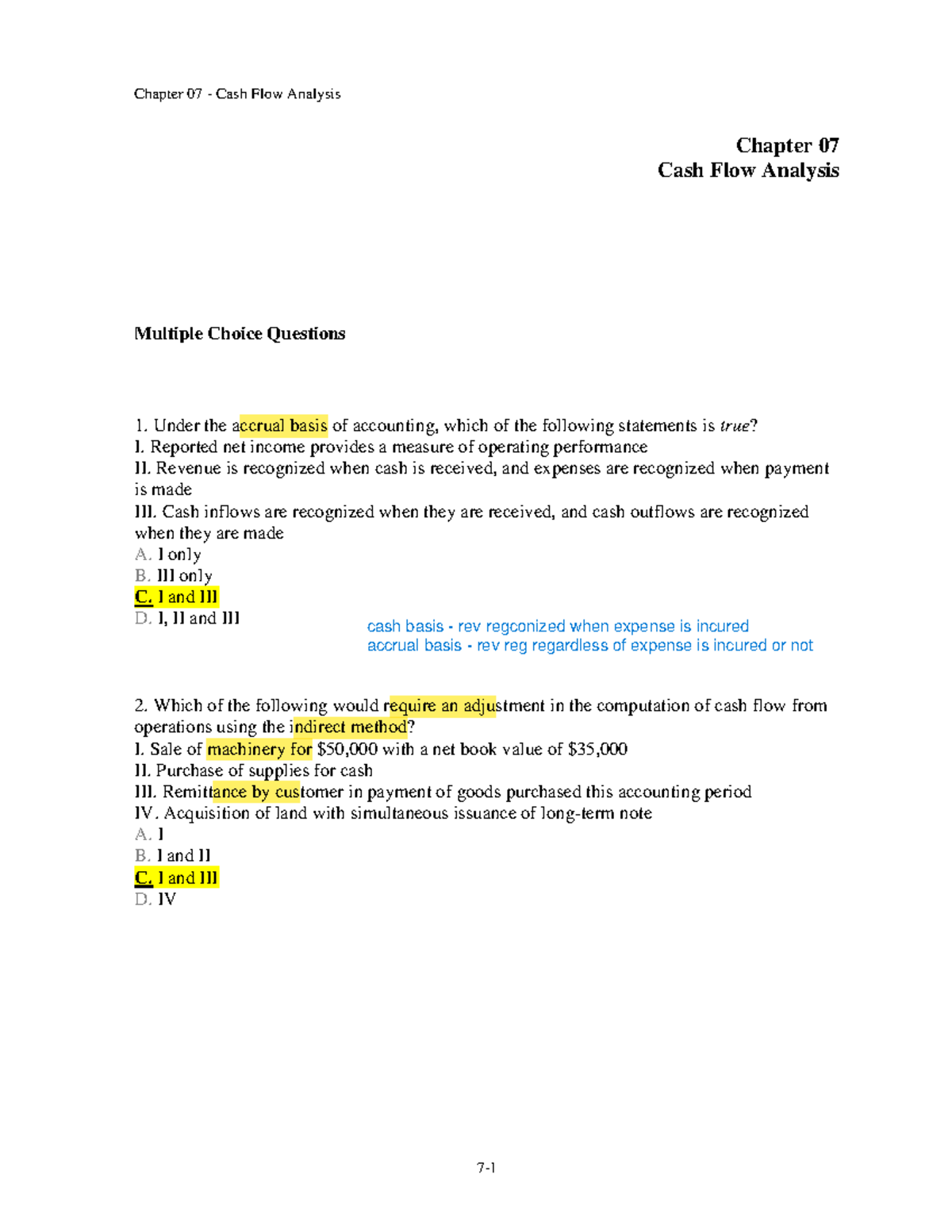 CHAP 07 - Cash Flow Analysis: Multiple Choice Questions & Answers - Studocu