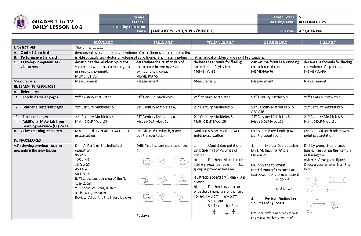 DTC DLL Mathematics 6: Daily Lesson Log for Volume Concepts - Studocu