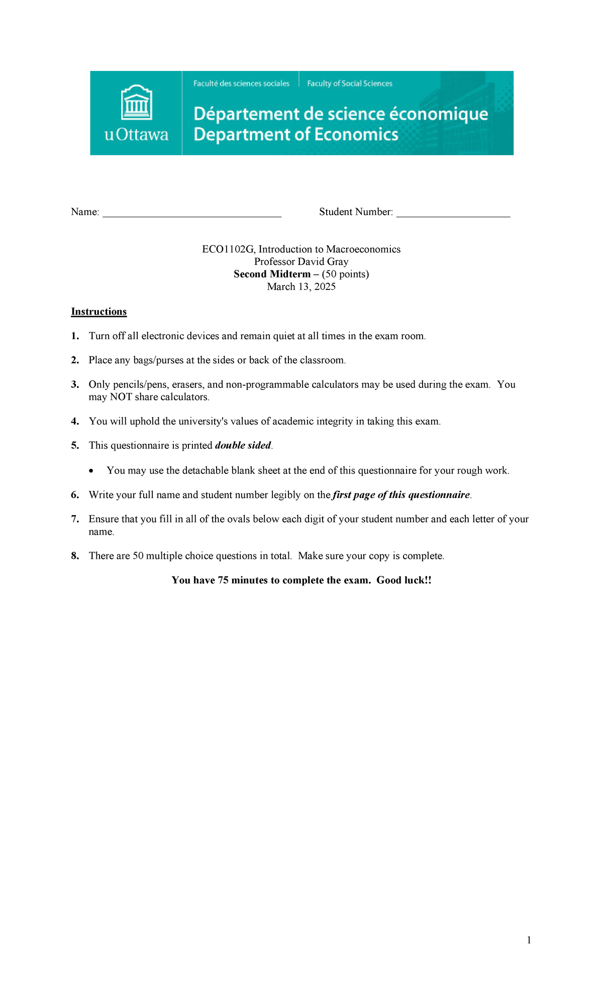 ECO1102G, Second Midterm Exam Answers, Winter 2025 - Studocu
