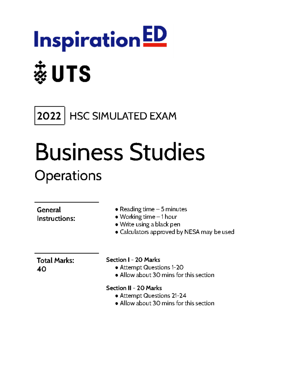 2022 HSC Business Studies Operations Exam - Simulated Test - Studocu