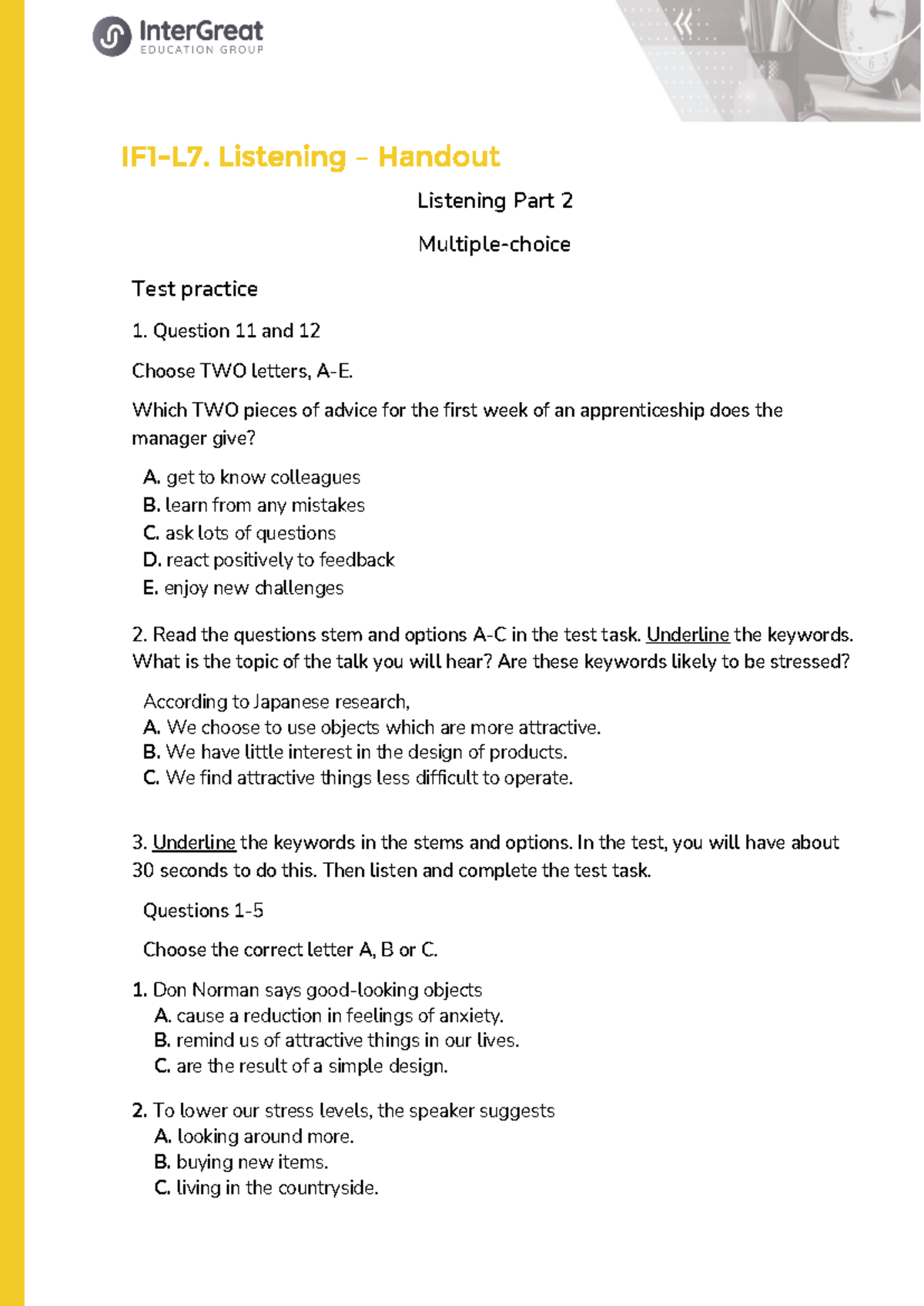 IF1-L7. Listening Part 2 Test Practice Handout - Studocu