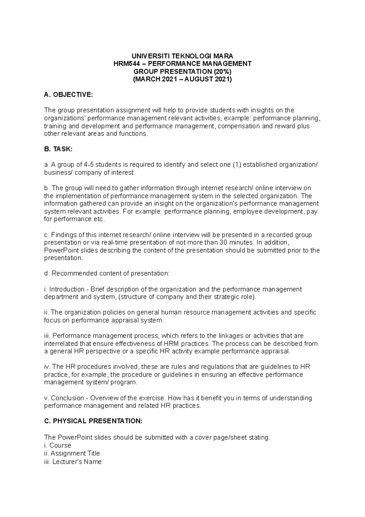 HRM544 - Group Assignment on Performance Management (March 2021) - Studocu