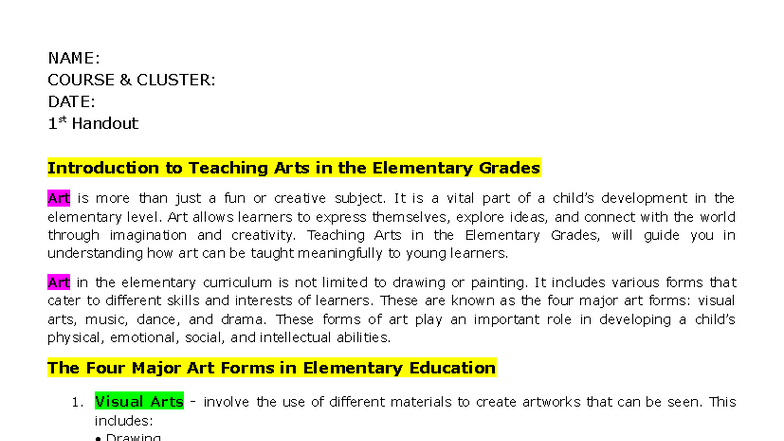 BEED-Cluster-12-1st Handout: Teaching Arts in Elementary Grades - Studocu