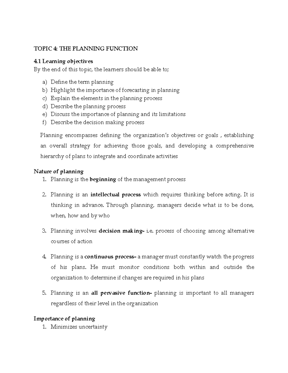 Topic 4: The Planning Function - Lecture Notes - Studocu